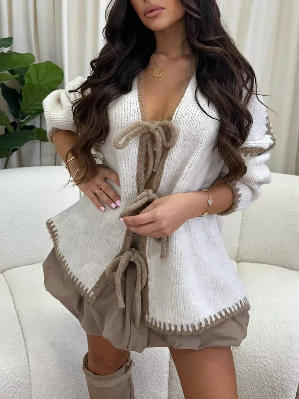 White Tie Front Drop Shoulder Cardigan
