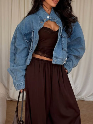 light blue denim jacket with cropped and button-front