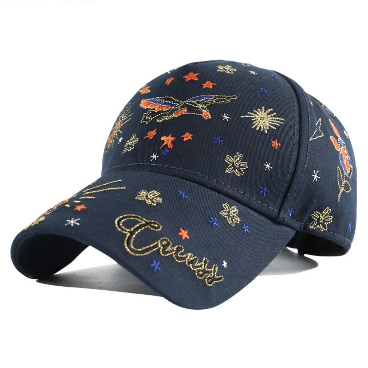 Navy blue cotton baseball cap with intricate embroidered birds, stars, and script detail.