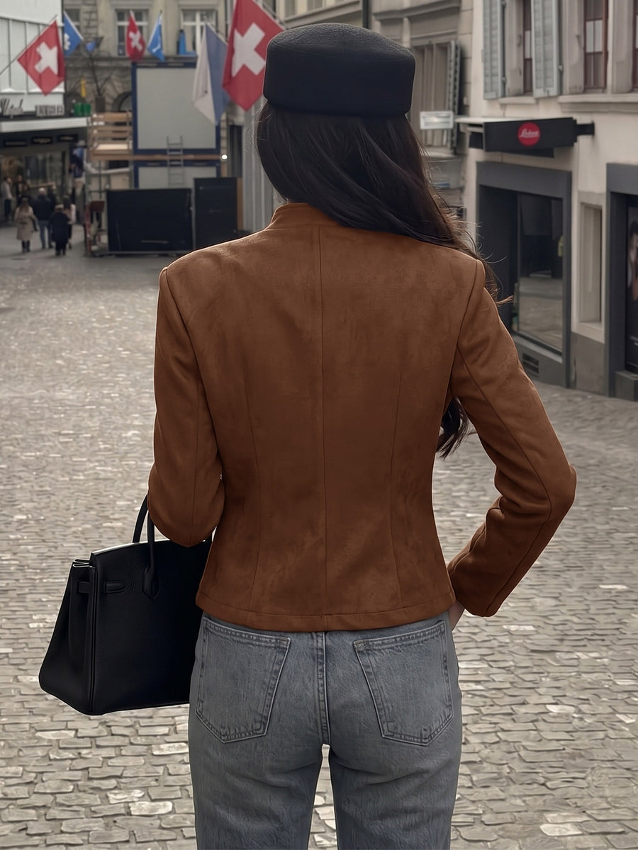 vintage-inspired jacket in cognac with mandarin collar