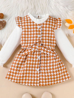 Toddler houndstooth vest and skirt set with white ribbed long sleeve shirt and bow detail