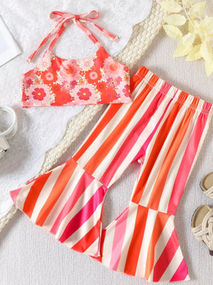 Children's Floral Print Crop Top And Striped Pants Set in Orange Red