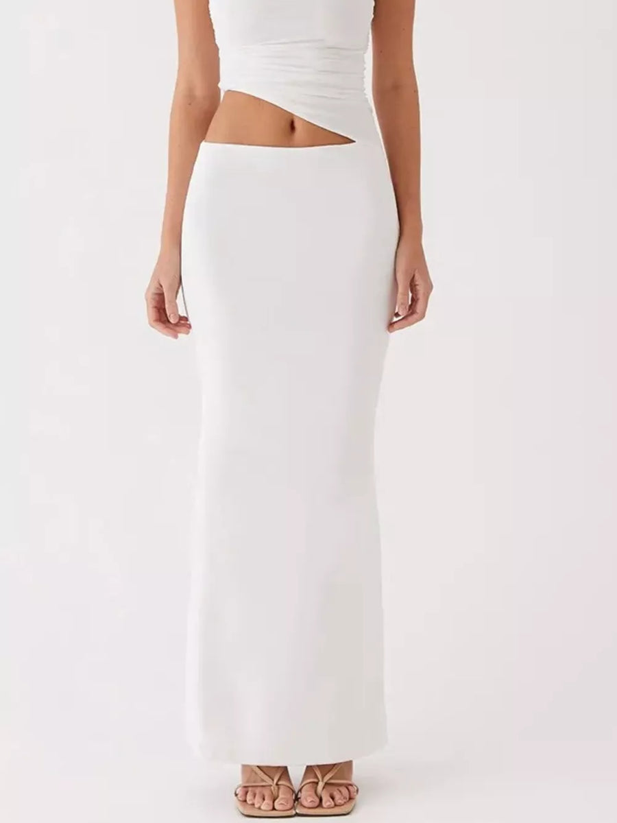 White one-shoulder cutout maxi maternity dress with a ruched bodice detail.