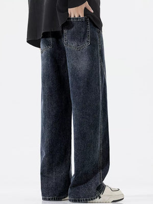 Relaxed fit wide-leg jeans in dark wash denim with drawstring waist and back pockets.