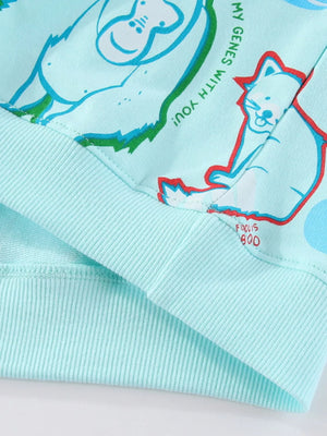 Mint blue cotton blend sweatshirt with playful animal print and text detail.