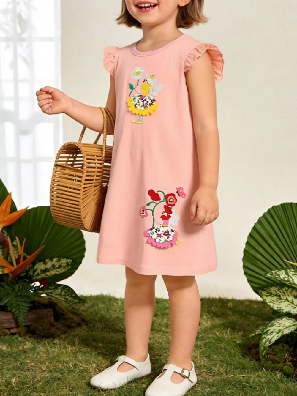 Pink A-line toddler dress with floral embroidery and ruffled sleeves