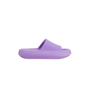 Textured cloud slides slipper in purple with a thick sole and airy design.