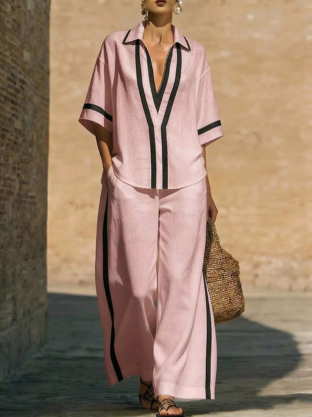Khaki Contrast Trim Two-piece Top And Pants Set Plus Size
