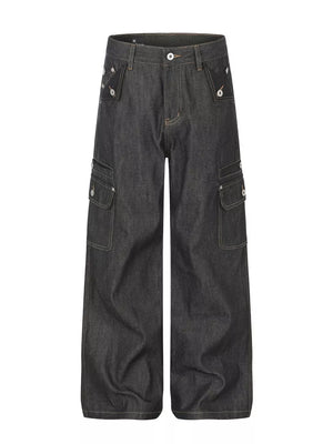 jeans in dark wash denim featuring buttoned and wide-leg fit