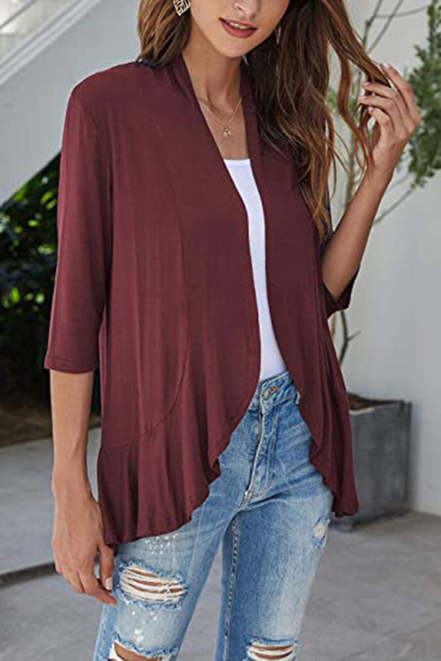Burgundy asymmetrical ruffle hem cardigan with 3/4 sleeves