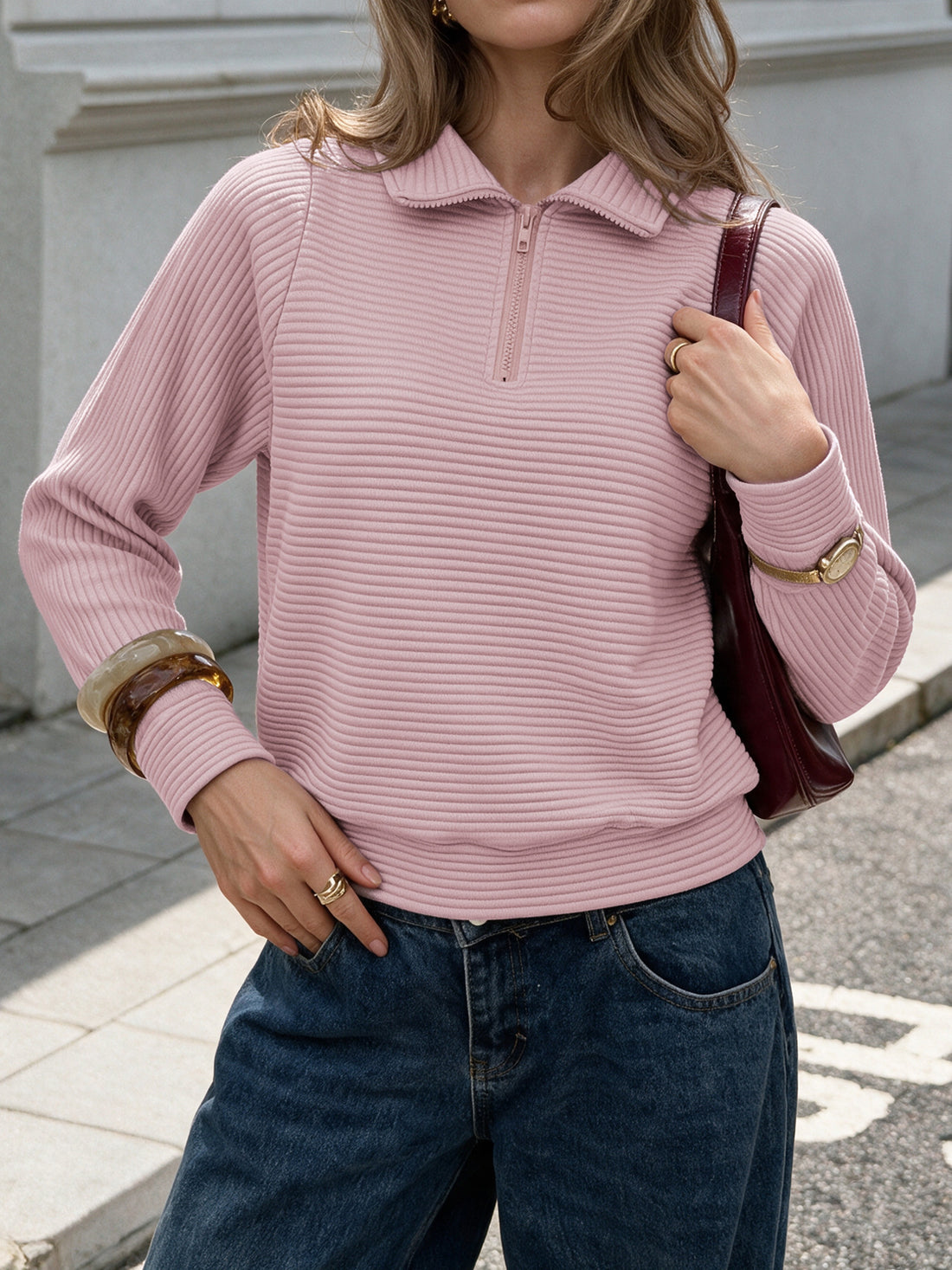 blush pink sweatshirt with ribbed and collared