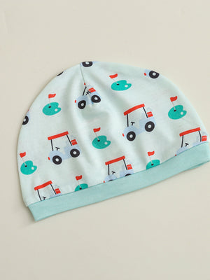 Baby beanie with golf cart and flag pattern, light blue with aqua trim.