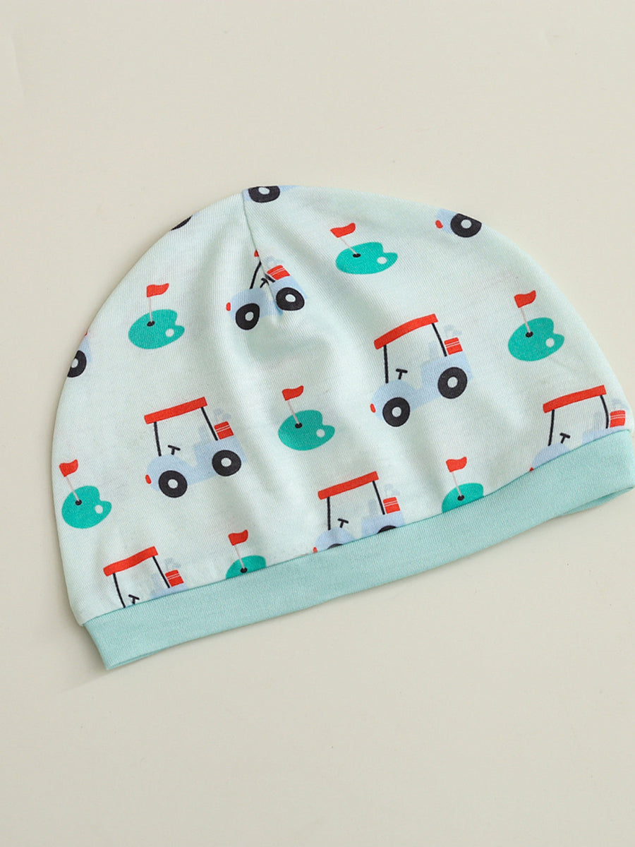Baby beanie with golf cart and flag pattern, light blue with aqua trim.
