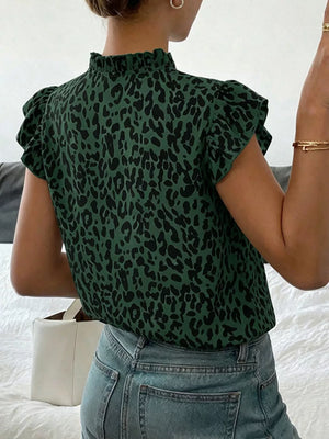 Green leopard print ruffle sleeve mock neck top