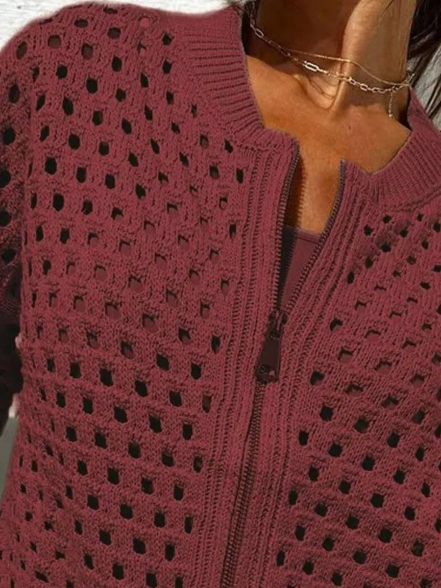 black cardigan with zip-front and openwork