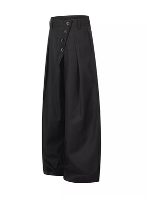 wide-leg pants in Black with asymmetrical button closure and full-length