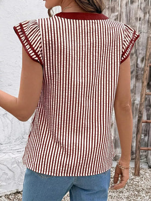 Burgundy and white striped ruffle sleeve blouse with a contrast trim neckline.