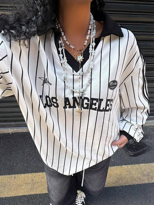 Los Angeles striped long-sleeve t-shirt with black collar and cuffs.