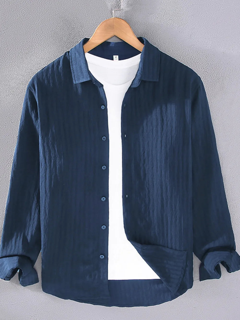Dark Blue Textured Long Sleeve Button-up Shirt with classic collar