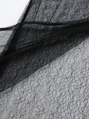 Black lace midi skirt with sheer panel detail and asymmetrical hem.