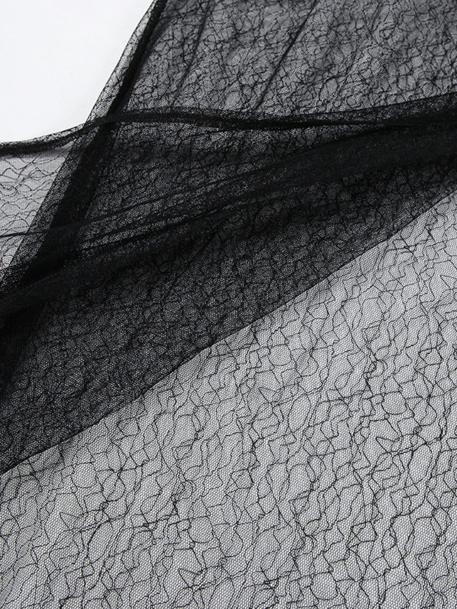 Black lace midi skirt with sheer panel detail and asymmetrical hem.