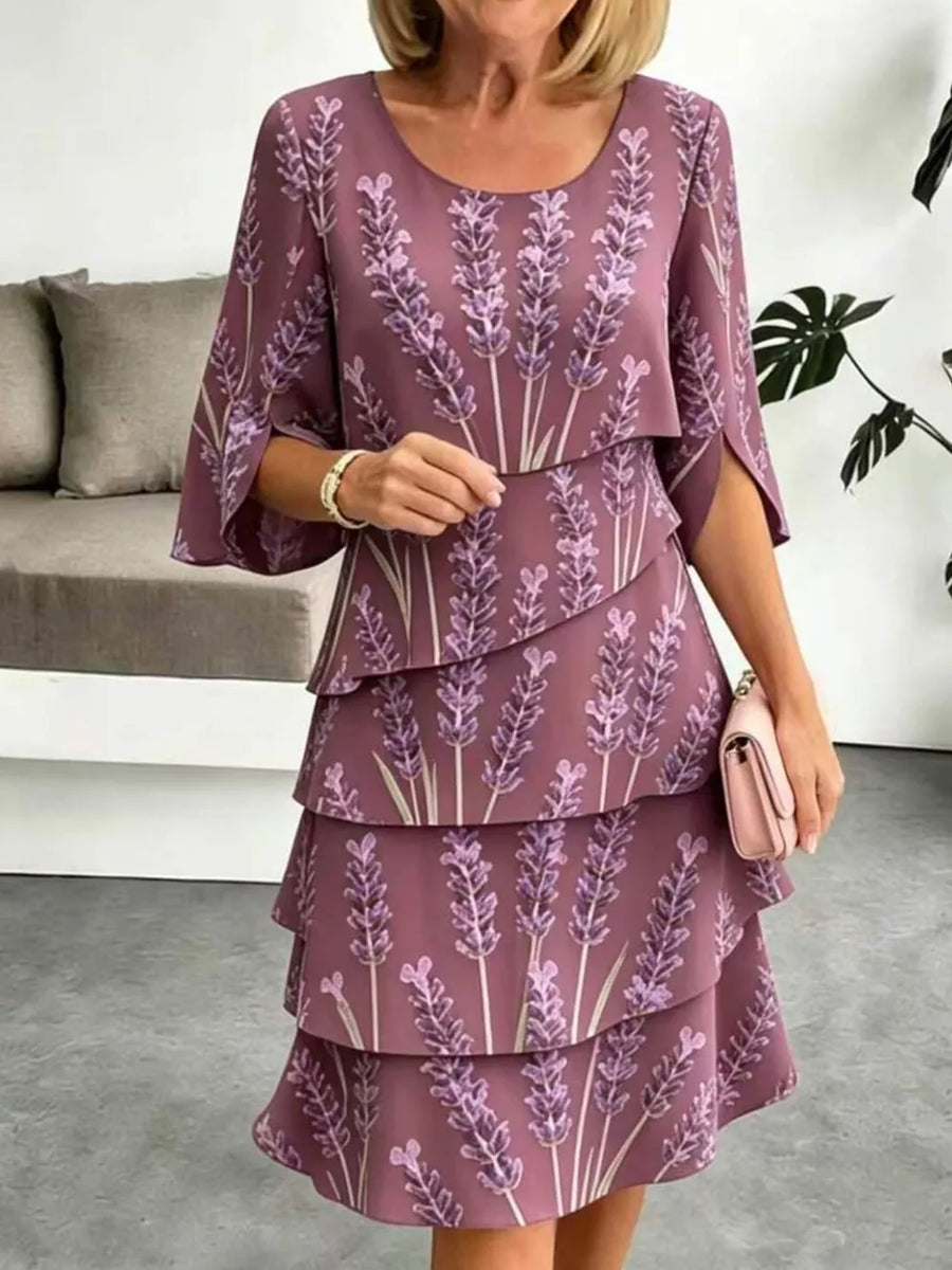 Purple floral tiered ruffle hem dress with split sleeves and above-knee length.