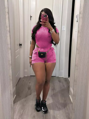Rose Red ribbed crop top and pocket shorts set with cutouts and chain belt.