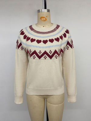 Heart-Patterned Crew Neck Sweater in Apricot with stretch