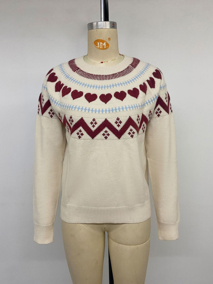 Heart-Patterned Crew Neck Sweater in Apricot with stretch