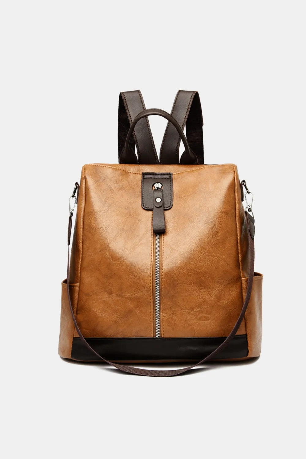 Caramel leather convertible backpack with silver zipper and dual straps.