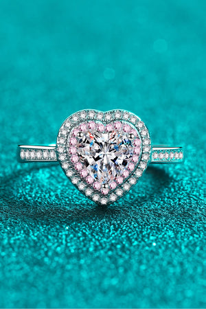 Sterling silver ring with heart halo moissanite and pink accent stones