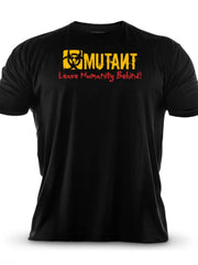Black t-shirt with yellow biohazard symbol and MUTANT text, red Leave Humanity Behind slogan.