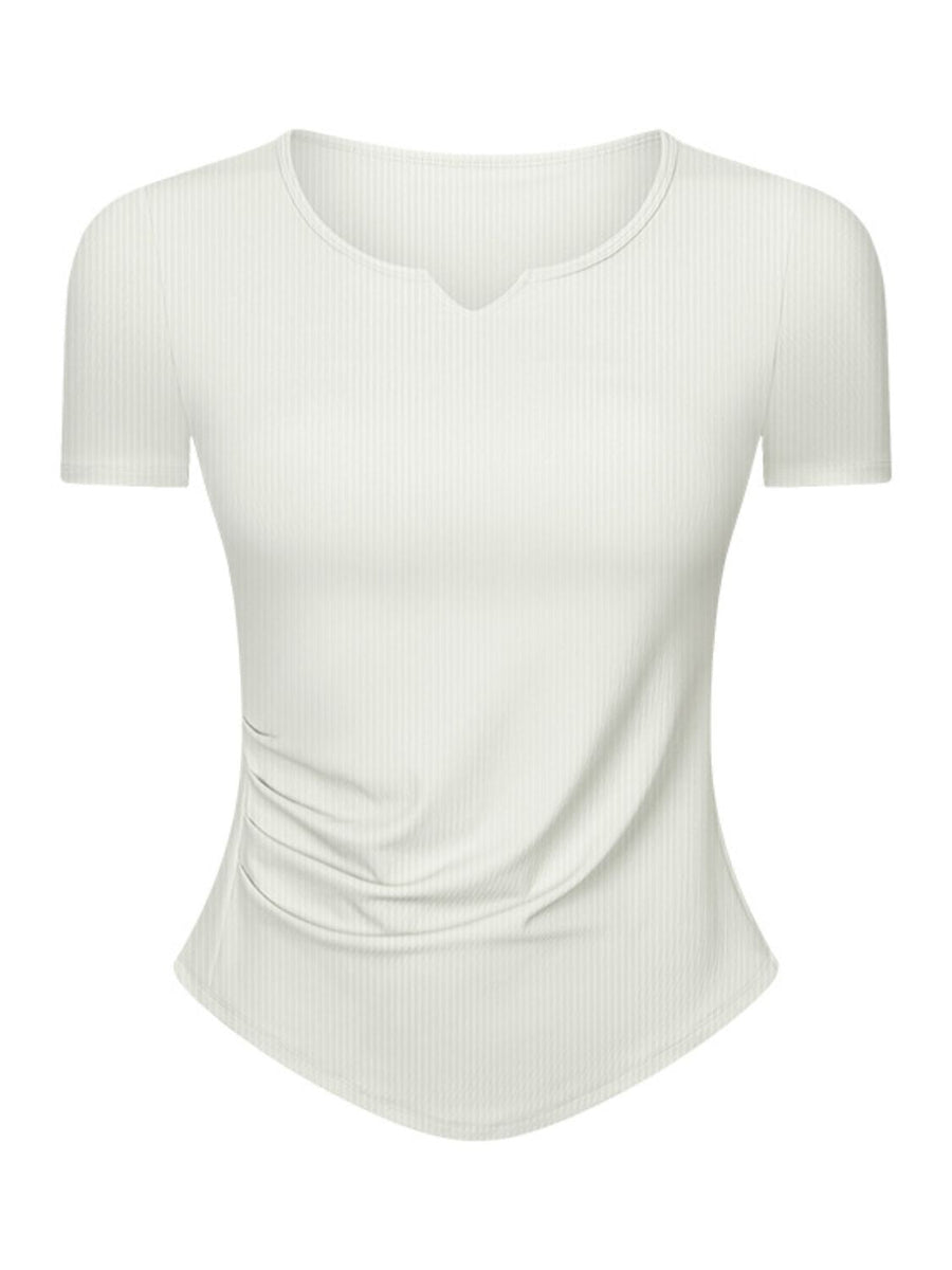White ribbed notch-neck active top with ruched side detail