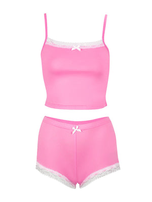 Pink cami and shorts set with lace trim and bow detail