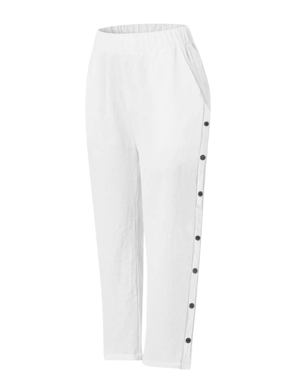 White relaxed fit pants with decorative side buttons and elastic waistband.