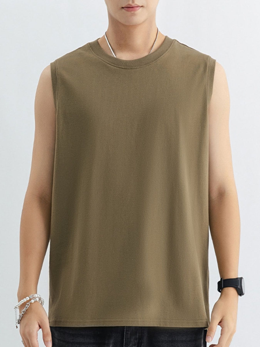 Men's cotton tank top in Army Green with a crew neck and sleeveless design.