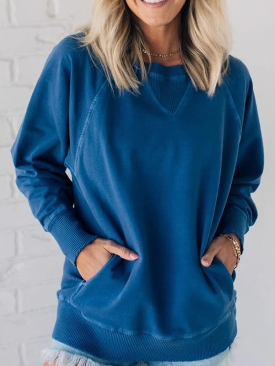Crew Neck Raglan Sleeve Sweatshirt in Mocha with ribbed