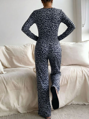 slate gray lounge set featuring buttoned and leopard-print