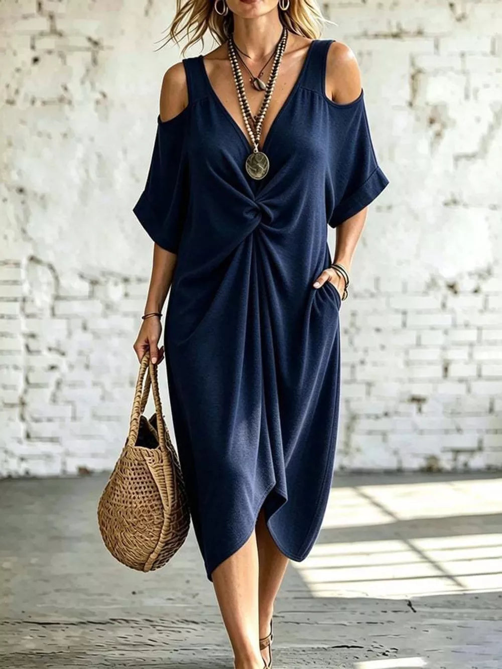 Gray Cold Shoulder Twist Front Midi Dress Plus Size