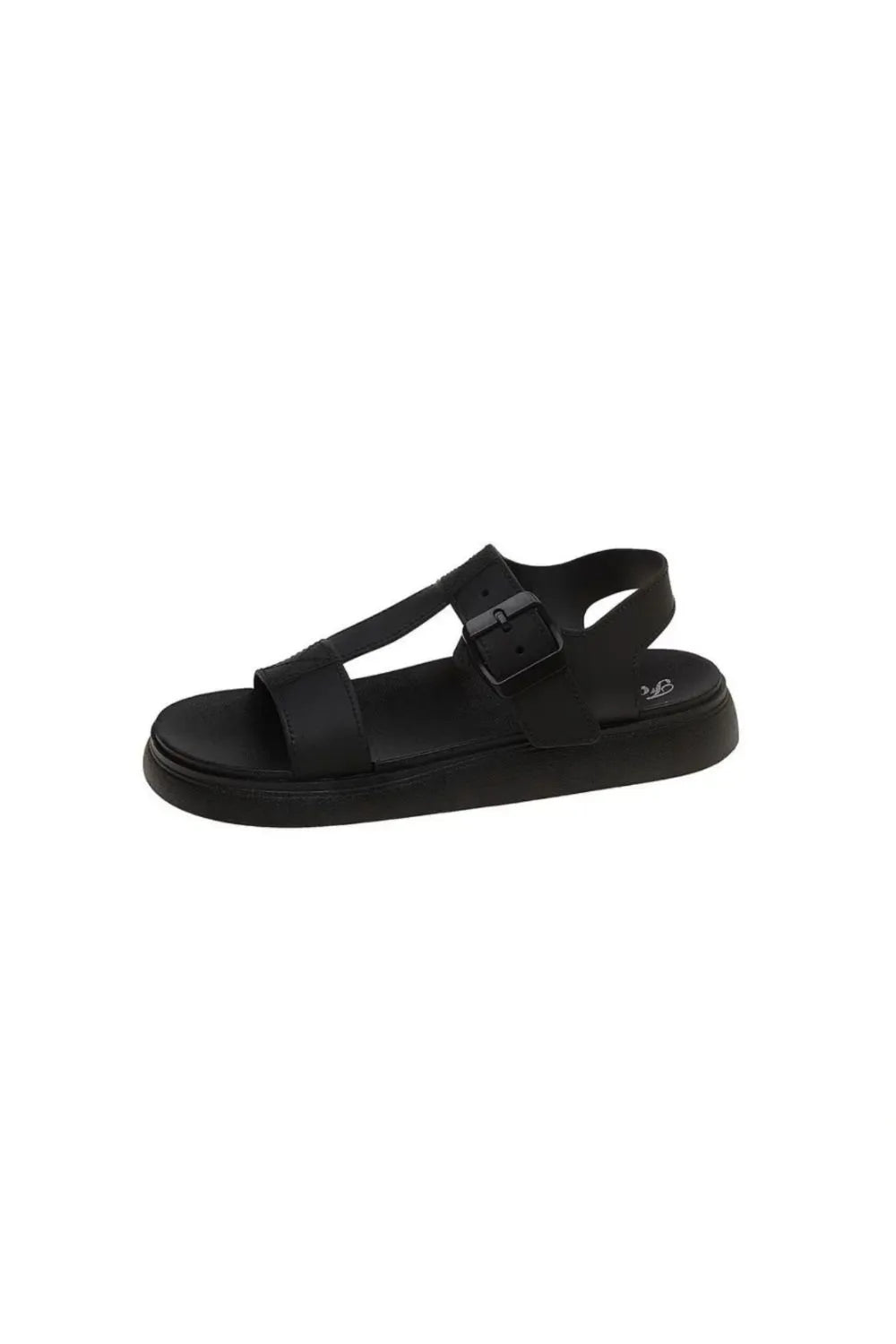 Black t-strap buckle platform sandals with adjustable strap