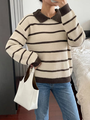 Tan Striped Knit Polo Sweater