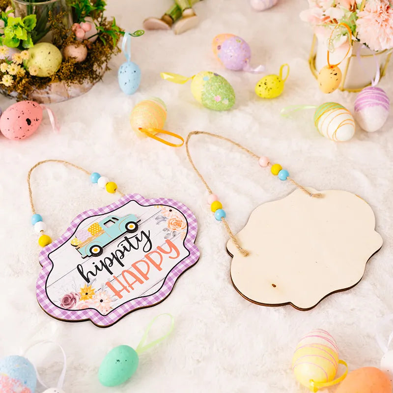 Easter signboard with beaded hanger, featuring a blue truck and "hippity HAPPY" text.
