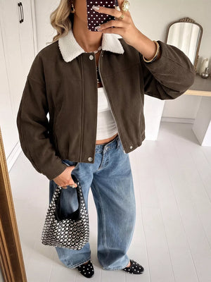 streetwear trucker jacket in dark brown with collared
