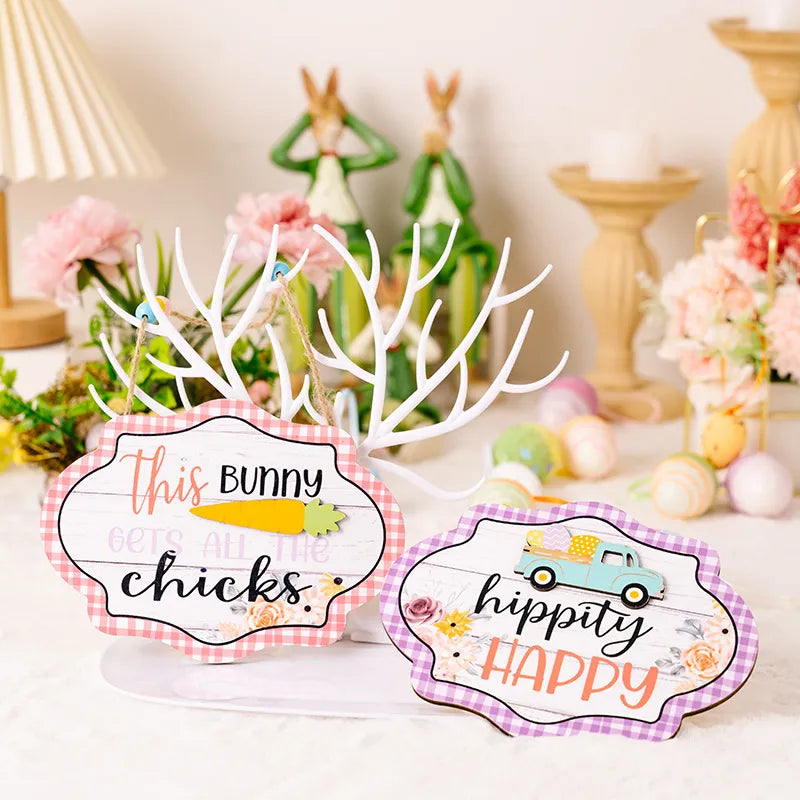 Easter signboard with beaded hanger, Style A pink gingham, features carrot and text.