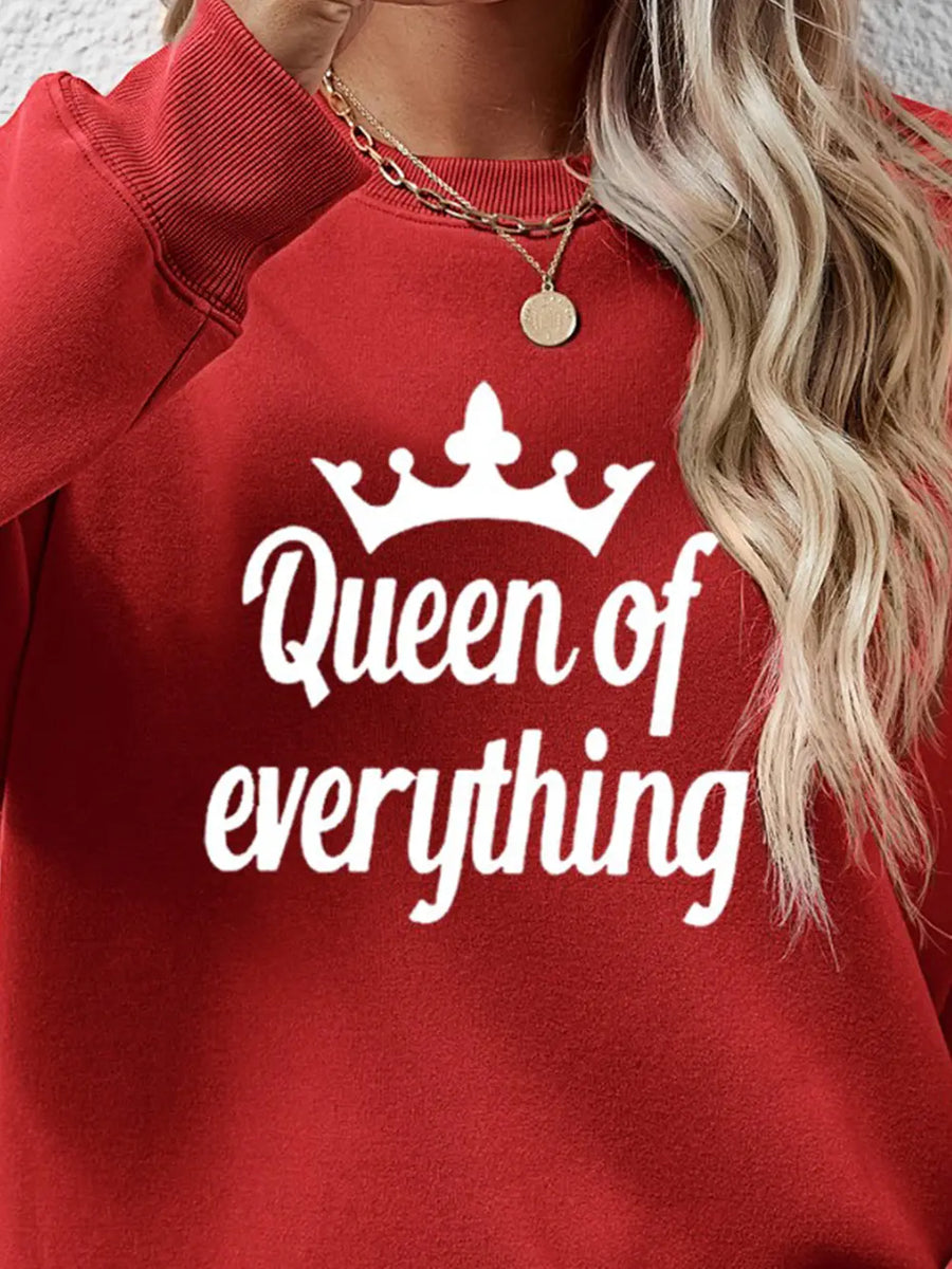 Deep Red graphic sweatshirt with white Queen of Everything crown design.