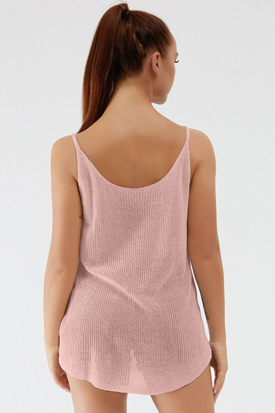 Dusty pink ribbed knit cami with scoop back and thin straps