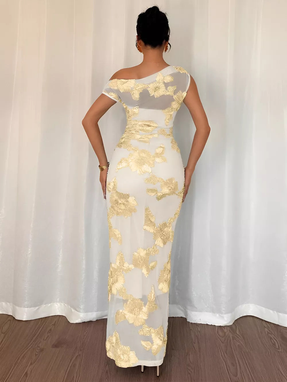 maxi dress in Light Yellow with ruched and maxi