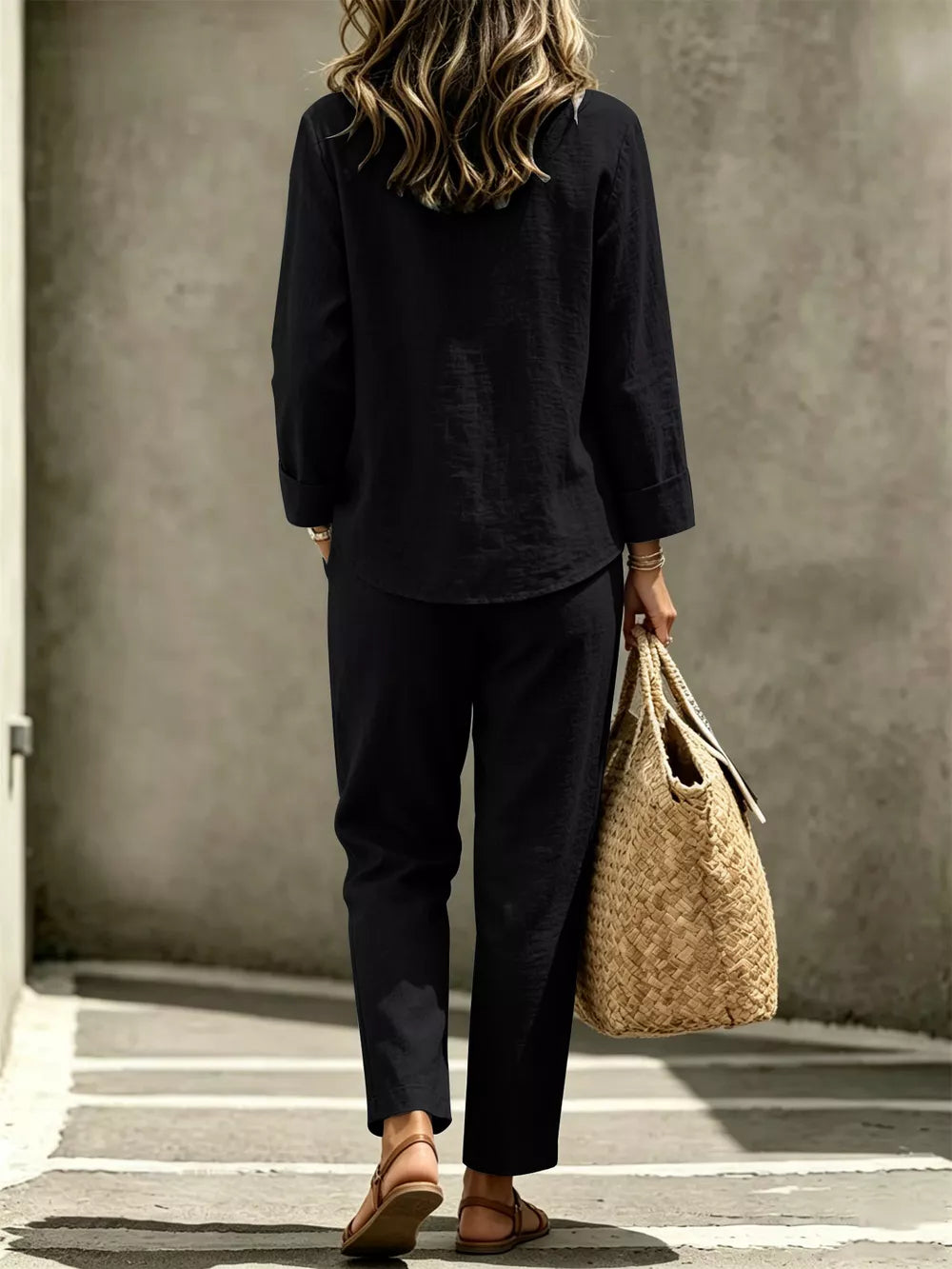 Army Green relaxed matching set with v-neck