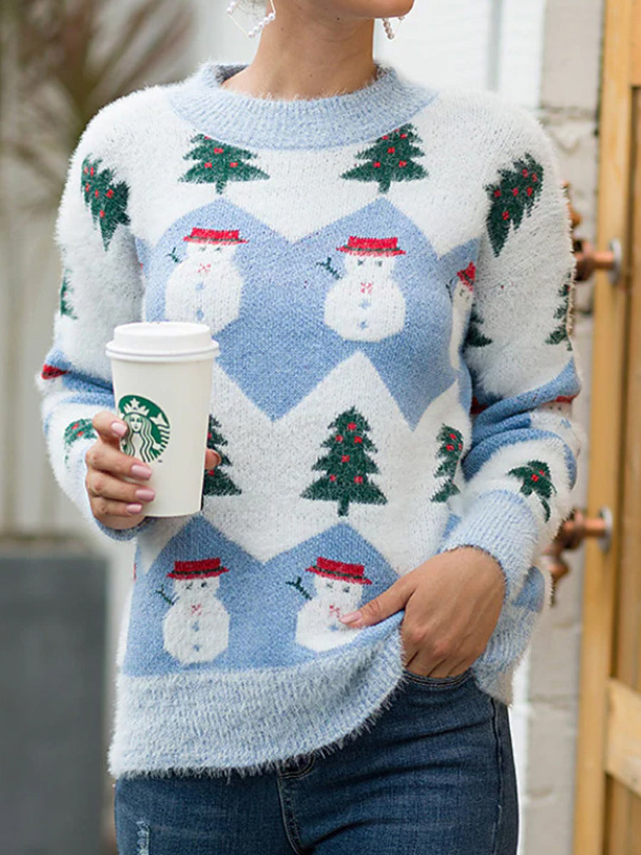 white pullover sweater with novelty print and crew neck