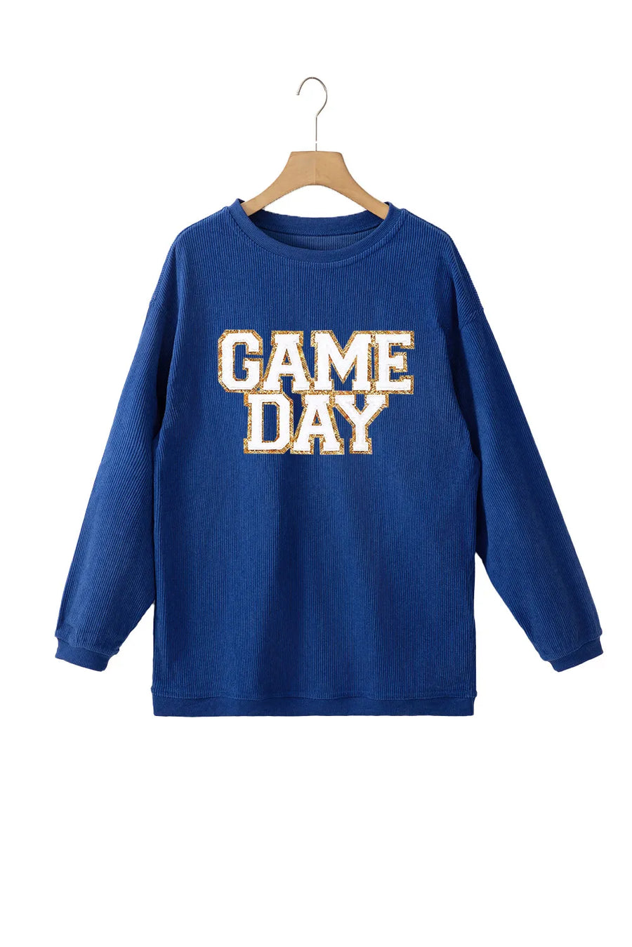 Peacock blue ribbed sweatshirt with "GAME DAY" graphic text.